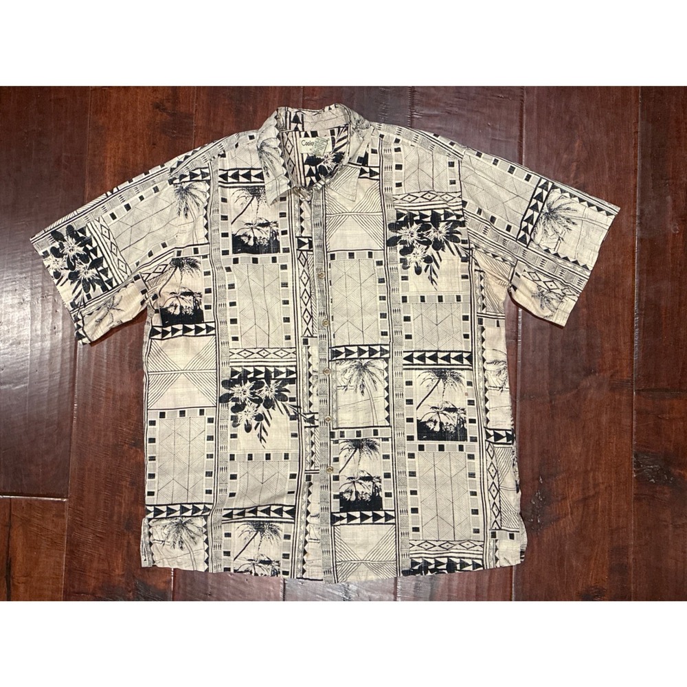 Cooke Street Button Up Shirt Mens XL Beige Black Palm Tree Geometric  Print